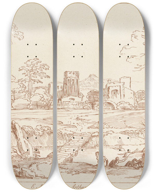 Triptych art skateboard deck of George Knapton Pastoral Scene With Castle by George Knapton (1698-1778)