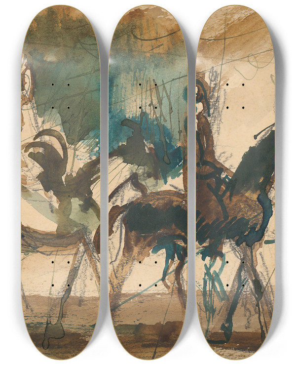 Triptych art skateboard deck of Cyprin Majernk Study For Riders by Cyprian Majernik (1909-1945)