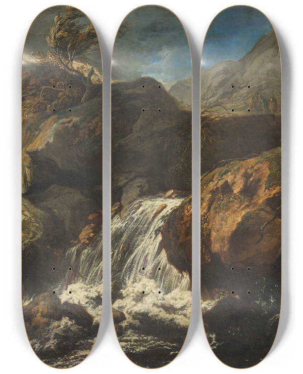 Triptych art skateboard deck of Anton Faistenberger Landschaft Mit Berfall by Anton Faistenberger (1663-1708)