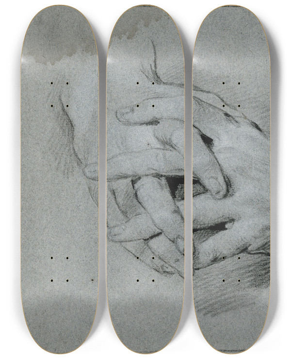 Triptych art skateboard deck of Jacob De Wit Study Of Folding Hands by Jacob de Wit (1695-1754)