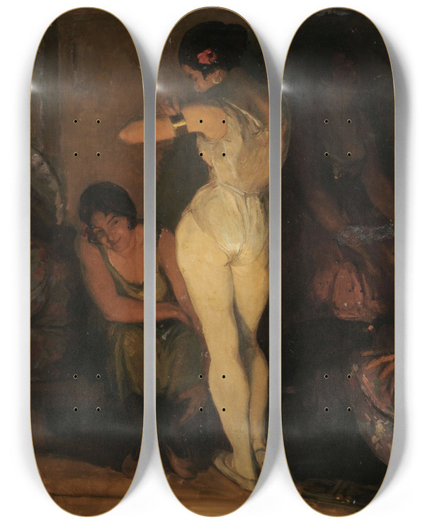 Triptych art skateboard deck of Amandus Faure Hinter Der Manege by Amandus Faure (1874-1931)
