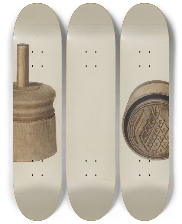 Triptych art skateboard deck of Clyde L Cheney Pa German Butter Mold by Clyde L Cheney