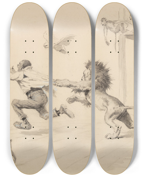 Triptych art skateboard deck of Arthur Burdett Frost Lion Attack by Arthur Burdett Frost (1851-1928)