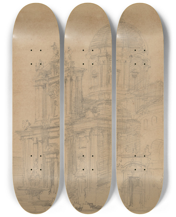 Triptych art skateboard deck of David Roberts The Duomo At Brescia by David Roberts (1796-1864)