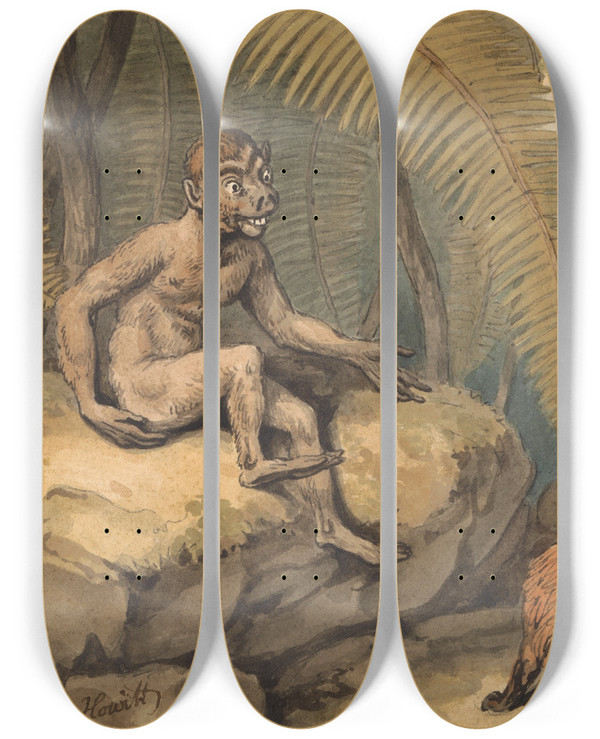 Triptych art skateboard deck of Samuel Howitt A Monkey And A Fox by Samuel Howitt (1756-1822)