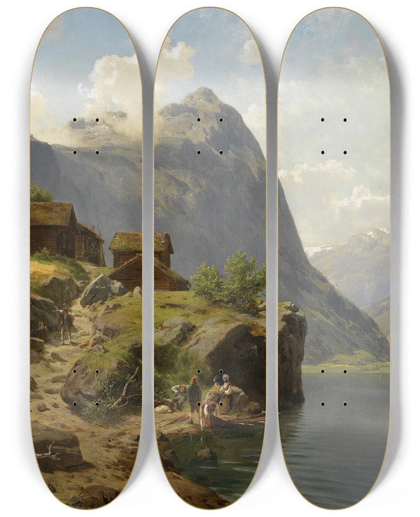 Triptych art skateboard deck of Johan Fredrik Eckersberg Figures In A Mountainous River Landscape by Johan Fredrik Eckersberg (1822-1870)