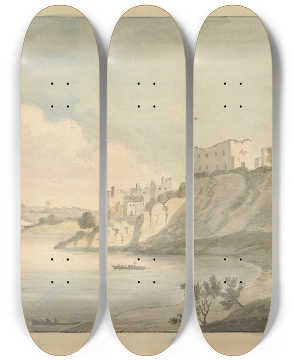 Triptych art skateboard deck of Edward Francis Burney Chepstow Castle by Edward Francis Burney (1760-1848)