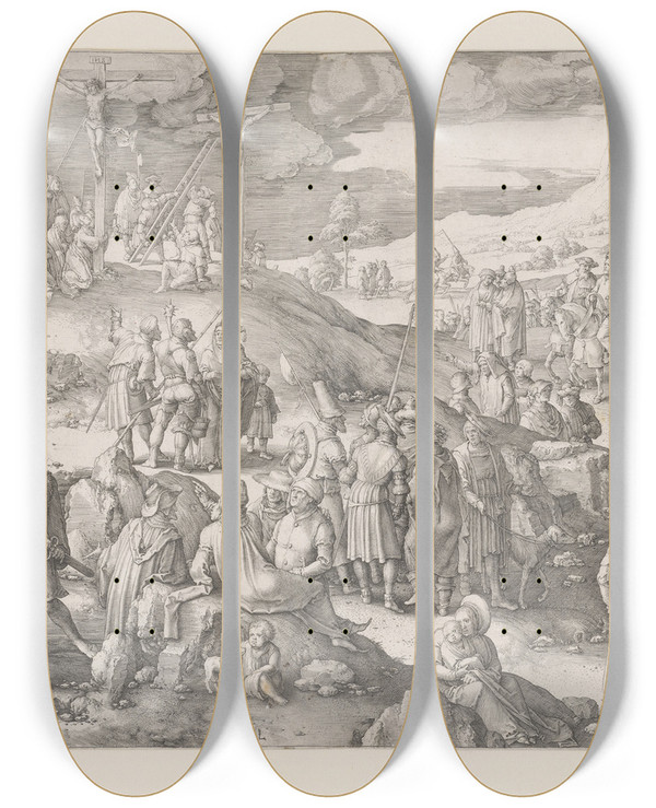 Triptych art skateboard deck of Lucas Van Leyden Golgotha by Lucas Van Leyden (1494-1533)