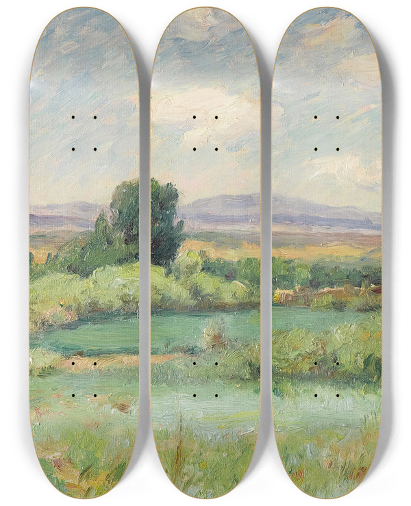 Triptych art skateboard deck of Joseph Henry Sharp Green Ponds by Joseph Henry Sharp (1859-1953)