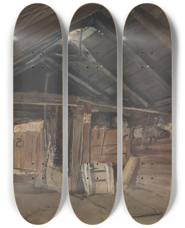 Triptych art skateboard deck of Adolph Tidemand Rkstue Kvam Prestegrd Viky by Adolph Tidemand (1814-1876)