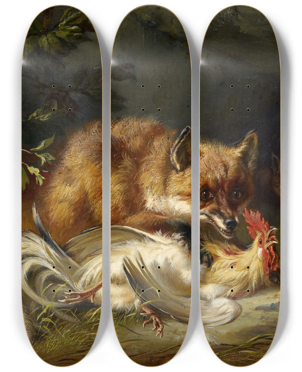 Triptych art skateboard deck of Benno Raffael Adam Fox Attacking A Cock by Benno Raffael Adam (1812-1892)