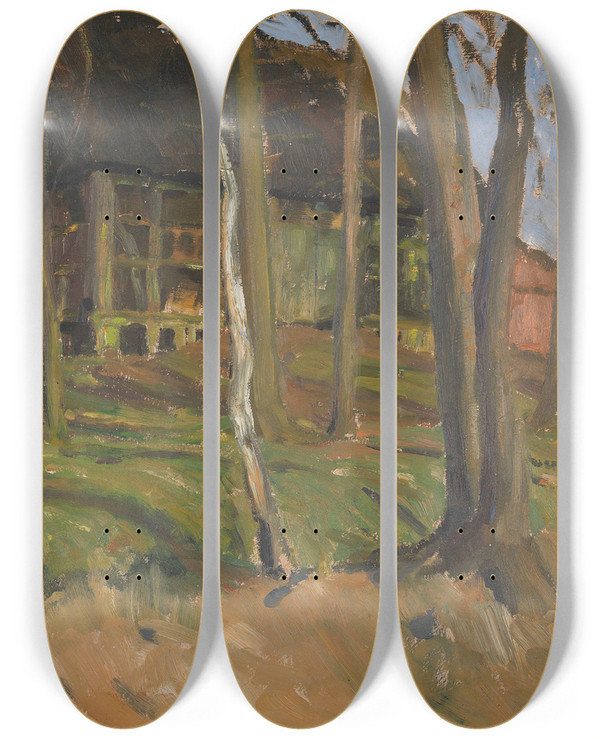 Triptych art skateboard deck of Fritz Overbeck Gehft In Weyermoor by Fritz Overbeck (1869-1909)