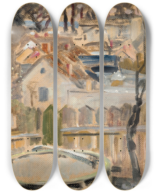 Triptych art skateboard deck of Jacek Malczewski Landscape With A Well by Jacek Malczewski (1854-1929)