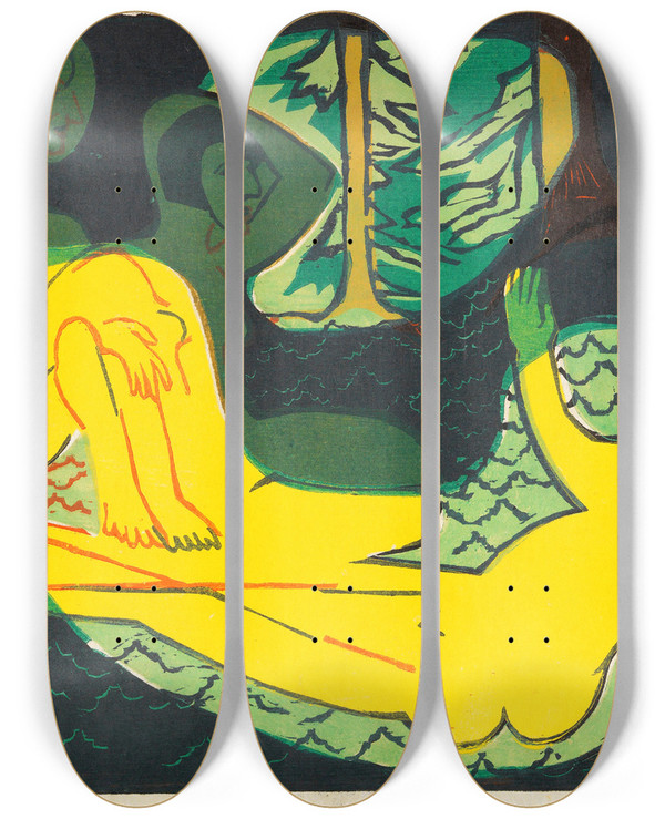Triptych art skateboard deck of Ernst Ludwig Kirchner Drei Akte Im Walde_1 by Ernst Ludwig Kirchner (1880-1938)