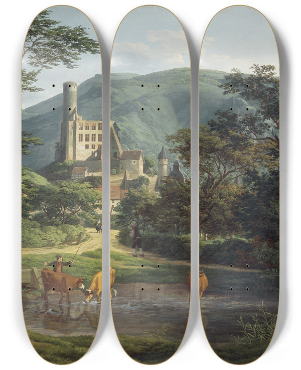 Triptych art skateboard deck of Anton Radl Ansicht Der Burg Eppstein Im Taunus by Anton Radl (1774-1852)