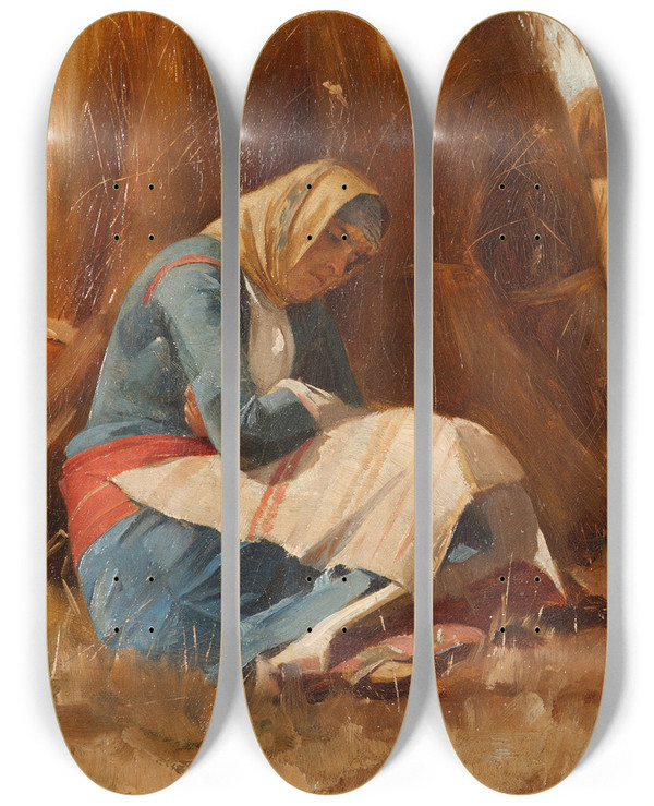 Triptych art skateboard deck of Theodoros Ralli Resting By A Haystack by Theodoros Ralli (1852-1909)