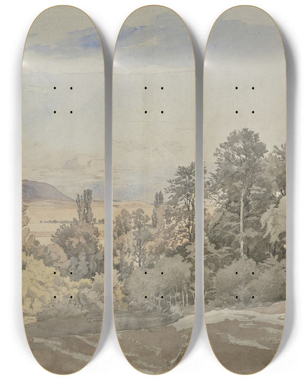 Triptych art skateboard deck of Johann Wilhelm Schirmer Forest With Distant View by Johann Wilhelm Schirmer (1807-1863)
