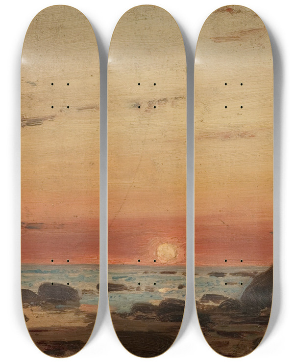 Triptych art skateboard deck of Amaldus Nielsen Solnedgang by Amaldus Nielsen (1838-1932)