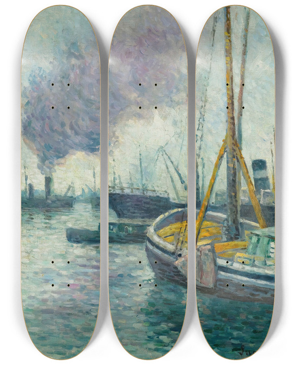Triptych art skateboard deck of Maximilien Luce Le Port De Rotterdam by Maximilien Luce (1858-1941)