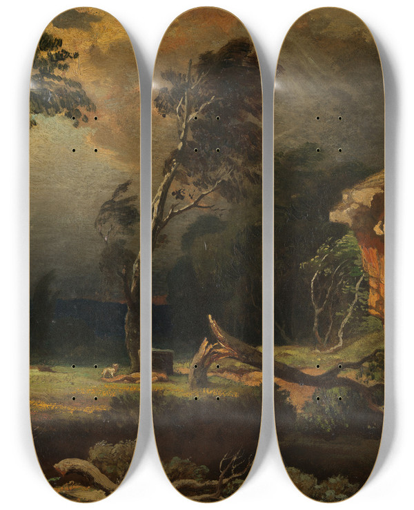 Triptych art skateboard deck of Johann Wilhelm Schirmer Kains Flucht by Johann Wilhelm Schirmer (1807-1863)