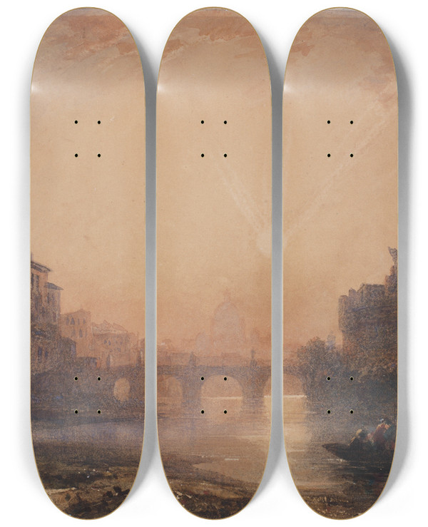 Triptych art skateboard deck of William Wyld The Castel Santangelo Rome At Sunset by William Wyld (1806-1889)