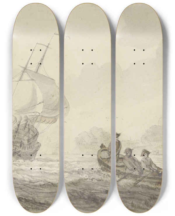 Triptych art skateboard deck of Wigerus Vitringa Bewegte See Links Segelt Ein Groes Schiff Rechts Ein Ruderboot Mit Vier Mann by Wigerus Vitringa (1657-1725)