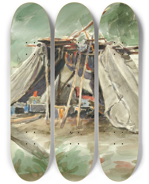 Triptych art skateboard deck of Theodore J Richardson Indian Camp Alaska by Theodore J Richardson (1855-1914)
