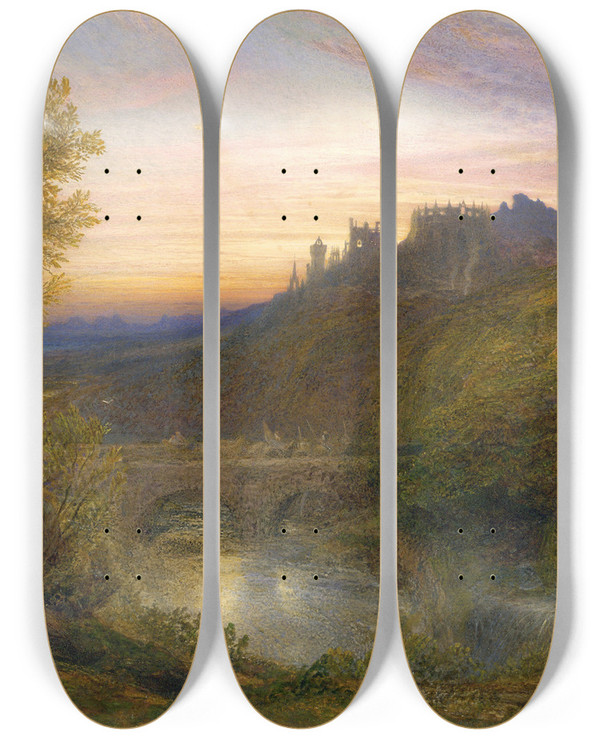 Triptych art skateboard deck of Samuel Palmer The Towered City by Samuel Palmer (1805-1881)