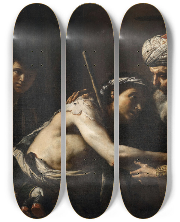 Triptych art skateboard deck of Mattia Preti Le Fils Prodigue by Mattia Preti (1613-1699)