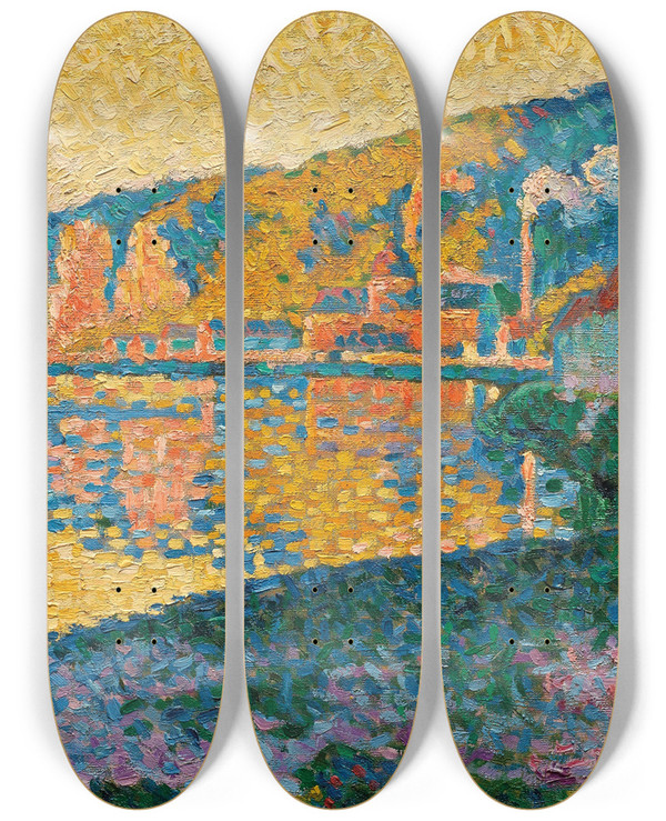 Triptych art skateboard deck of Paul Signac Les Andelys Soleil Couchant by Paul Signac (1863-1935)