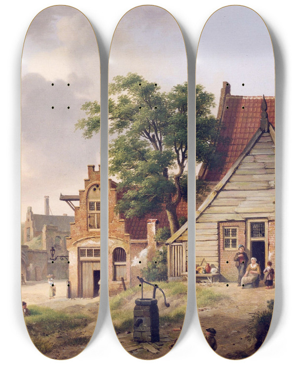 Triptych art skateboard deck of Jan Hendrik Verheijen A Dutch Village Scene With Figures by Jan Hendrik Verheijen (1778-1846)