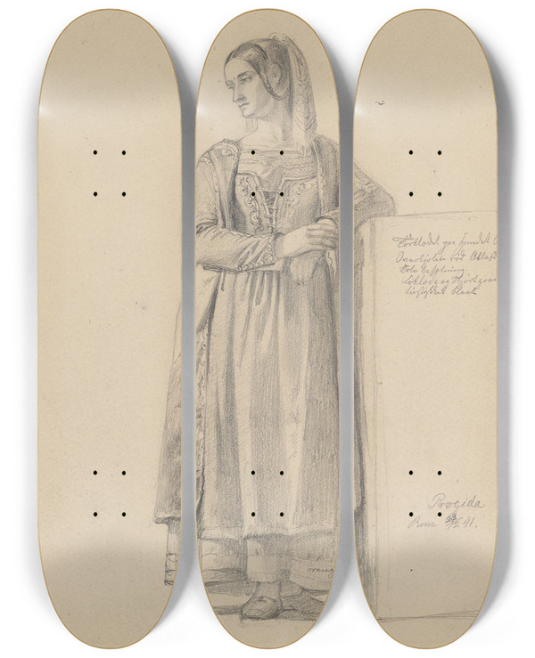 Triptych art skateboard deck of Adolph Tidemand To Stende Kvinner by Adolph Tidemand (1814-1876)
