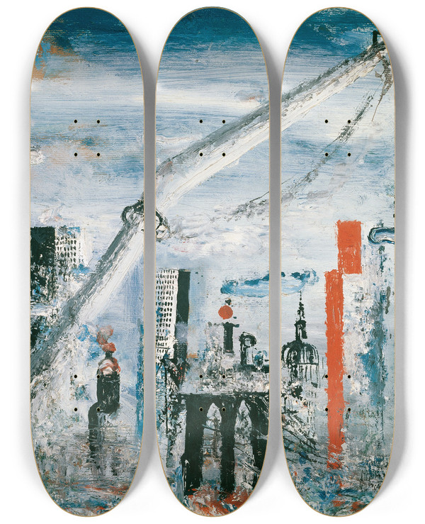 Triptych art skateboard deck of Wilhelm Thny Ansicht Von Manhattan East River by Wilhelm Thony (1888-1949)