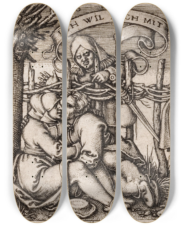 Triptych art skateboard deck of Hans Sebald Beham The Peasants Feast_2 by Hans Sebald Beham