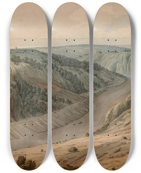 Triptych art skateboard deck of Samuel Hieronymus Grimm The River Avon Near Bristol Somerset From Saint Vincent Rock by Samuel Hieronymus Grimm (1733-1794)