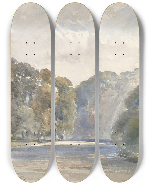 Triptych art skateboard deck of William Callow On The Wharfe Bolton Abbey by William Callow (1812-1908)