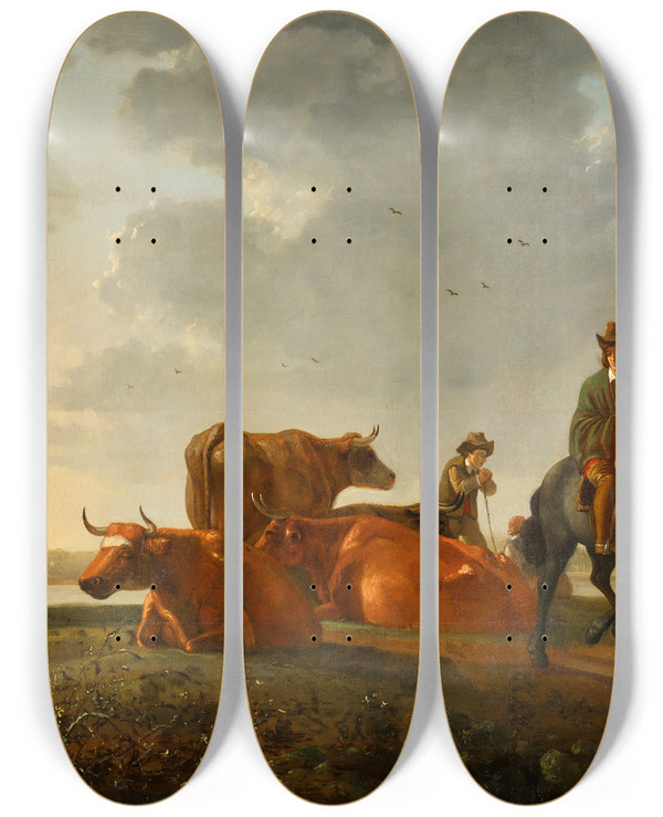 Triptych art skateboard deck of Aelbert Cuyp Weide Am Fluss by Aelbert Cuyp (1620-1691)