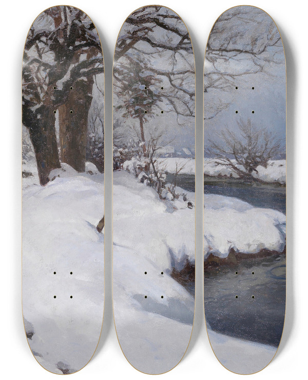 Triptych art skateboard deck of Otto Strtzel Dachauer Wintertag by Otto Strutzel (1855-1930)