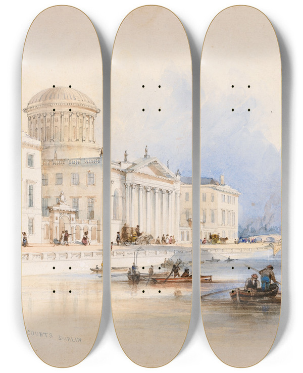 Triptych art skateboard deck of Thomas Colman Dibdin The Four Courts Dublin by Thomas Colman Dibdin (1810-1893)