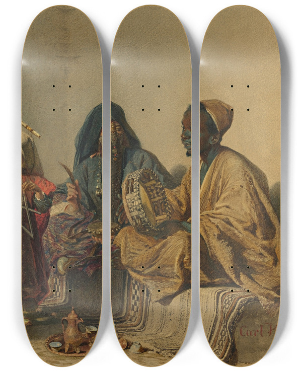 Triptych art skateboard deck of Carl Haag The Rehearsal Cairo by Carl Haag (1820-1915)