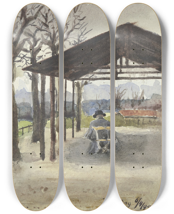Triptych art skateboard deck of Fritz Hauck View From Tutzing by Fritz Hauck (1852-1909)