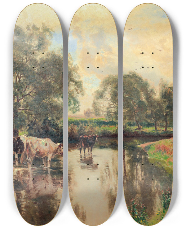 Triptych art skateboard deck of Otto Strtzel Khe Am Bachufer by Otto Strutzel (1855-1930)