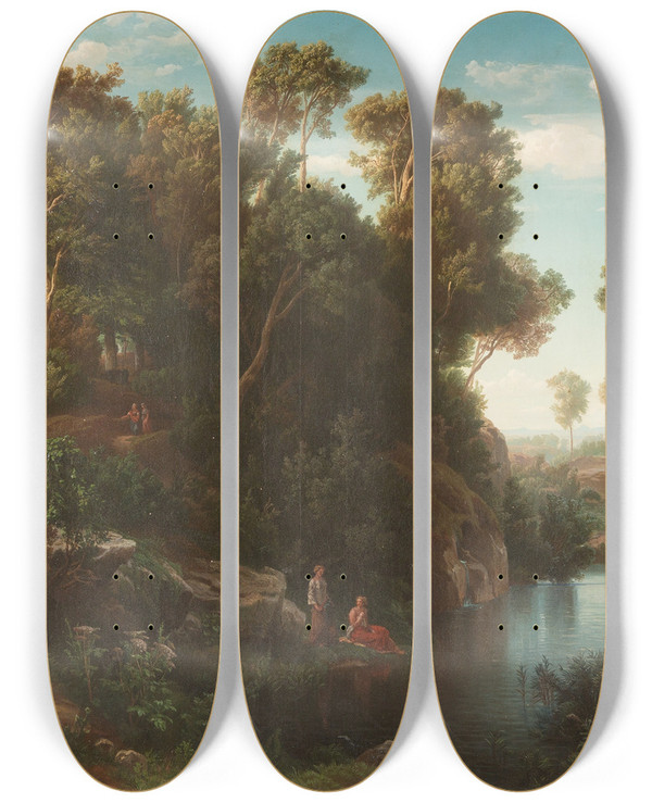 Triptych art skateboard deck of August Friedrich Kessler Arcadian Landscape With Bathers by August Friedrich Kessler (1826-1906)