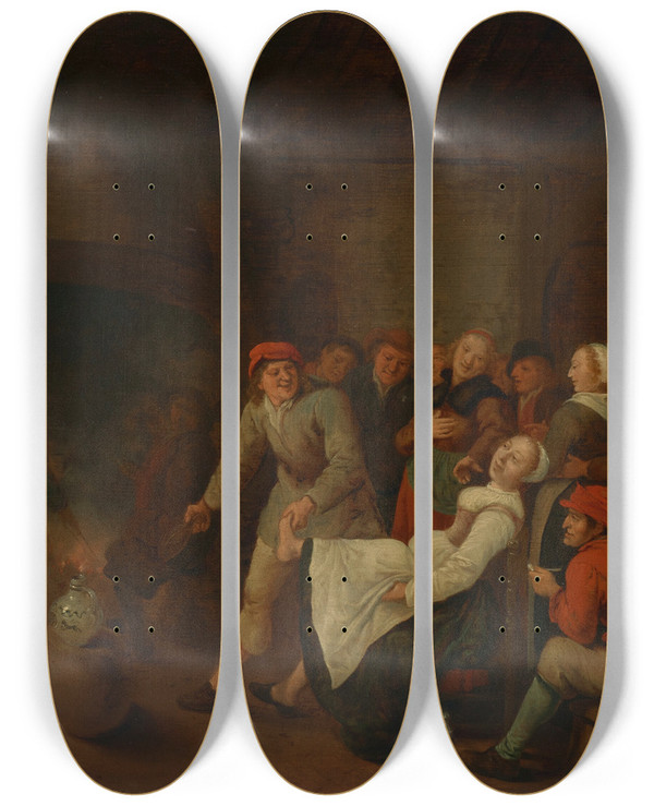 Triptych art skateboard deck of Jan Miense Molenaer A Tavern Interior With Peasants Merrymaking by Jan Miense Molenaer (1610-1668)