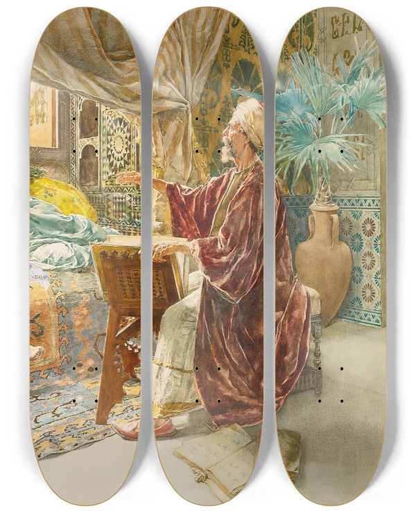 Triptych art skateboard deck of Ettore Simonetti Afternoon Lessons by Ettore Simonetti (1857-1909)