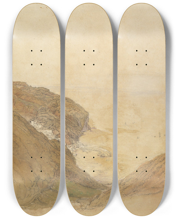 Triptych art skateboard deck of Samuel Palmer View Of Clovelly Devon by Samuel Palmer (1805-1881)