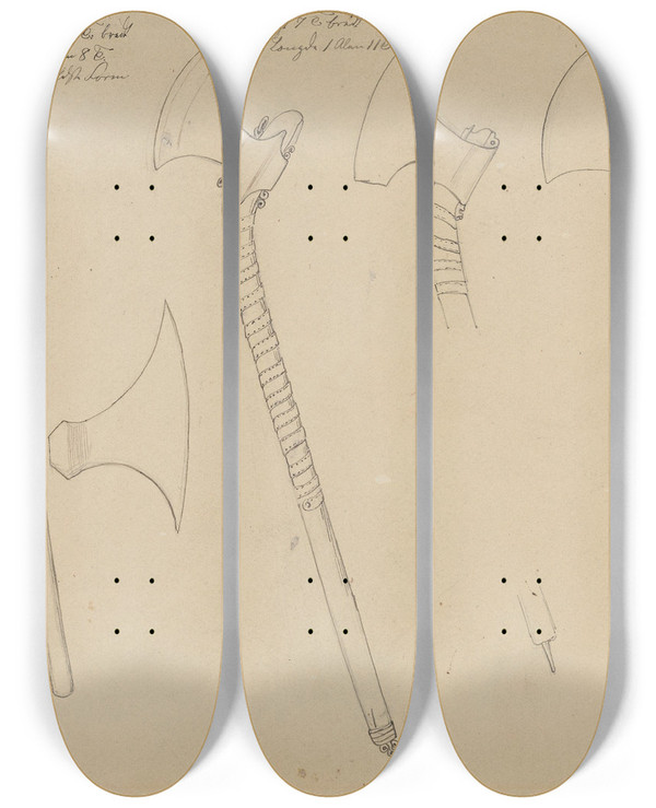 Triptych art skateboard deck of Adolph Tidemand Stridskser by Adolph Tidemand (1814-1876)