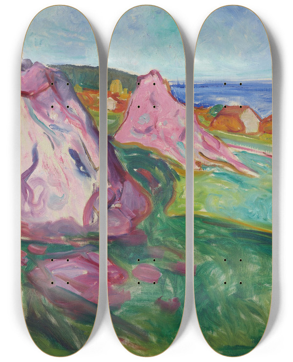 Triptych art skateboard deck of Edvard Munch Red Rocks By Sgrdstrand by Edvard Munch (1863-1944)