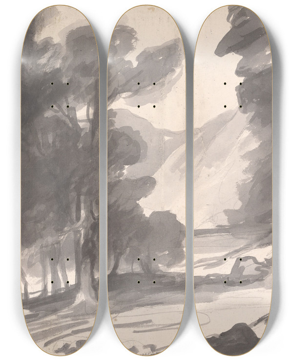 Triptych art skateboard deck of George Romney Glade In A Forest by George Romney (1734-1802)