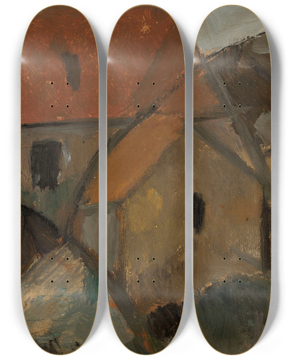 Triptych art skateboard deck of Tadeusz Makowski Small House With A Red Roof by Tadeusz Makowski (1882-1932)